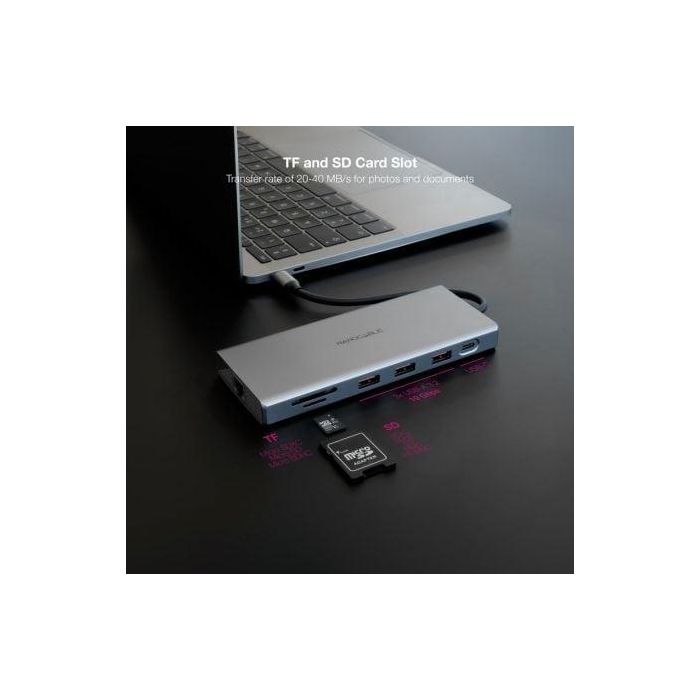 Nanocable 10.16.4612 Docking USB-C 12 en 1, 3xUSB-A, 1xUSB-C PD, 2xHDMI 4K 60Hz, DP 4K 60Hz, RJ45 Gigabit, Lector Tarjetas, Audio 3.5mm, Aluminio Gris 3