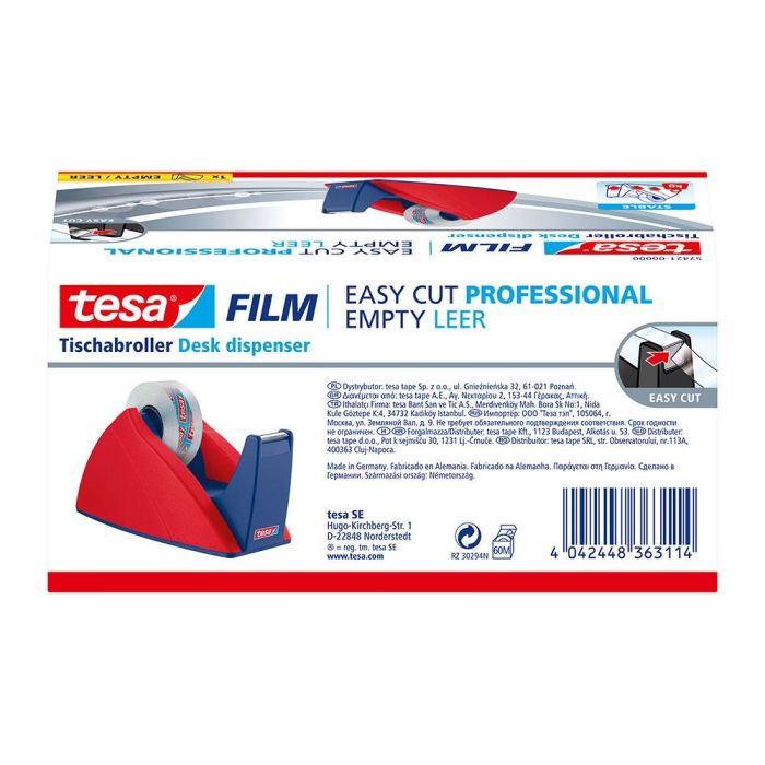 Tesa Portarrollos de Sobremesa con Cuchilla de Corte Recto para Cintas de 33m, Estable, Azul/Rojo 1