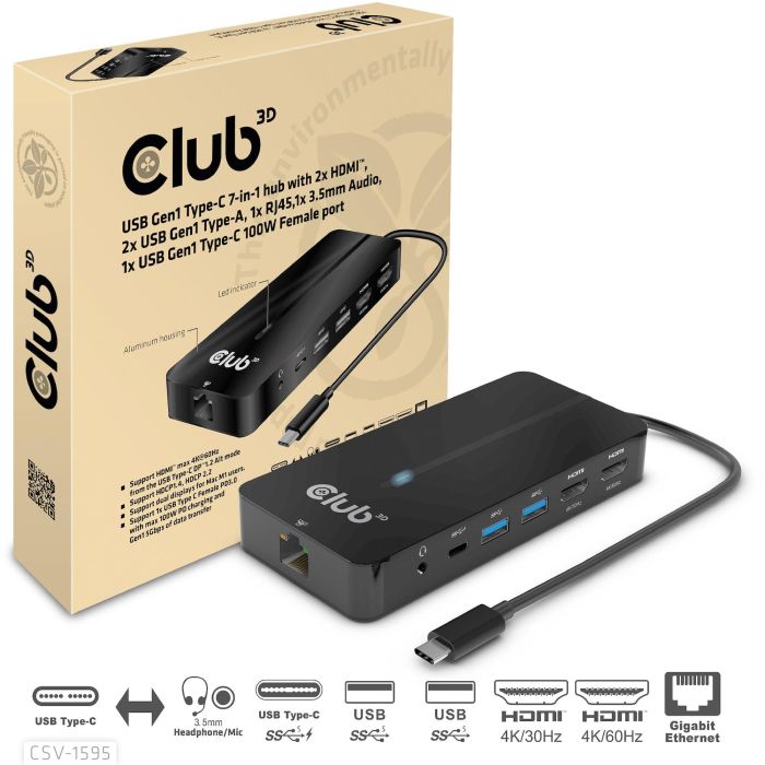 Club3D Hub USB-C 7 en 1: 2xHDMI 4K60Hz, 2xUSB, USB-C PD100W, LAN - Adaptador para portátil/PC 1 Club3D Hub USB-C 7 en 1: 2xHDMI 4K60Hz, 2xUSB, USB-C PD100W, LAN - Adaptador para portátil/PC 1