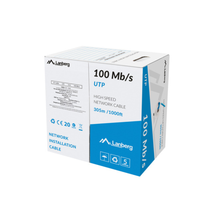 Lanberg Cable de Red UTP 305M Bobina 100Mb/s, Conductor Cobre CCA, Color Azul