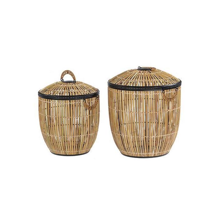 DKD Home Decor Cesta para Ropa Balinesa de Ratán y Metal con Tejido Poliéster Natural Negro, Set de 2, 48x48x55 cm