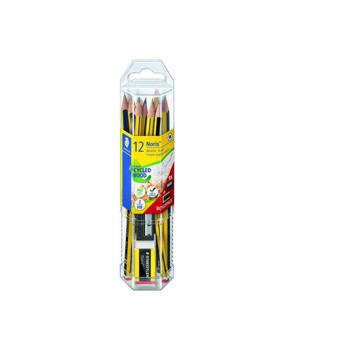 Staedtler Lápices de Grafito Noris N.2 HB, Blíster Promocional 120 Aniversario, 12 Unidades con Afilalápiz y Goma