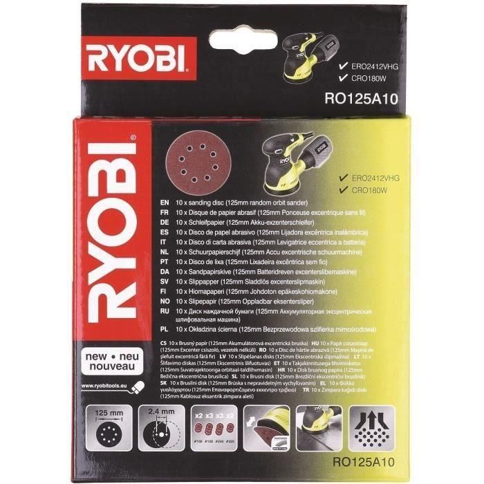 Ryobi 10 discos de 125 mm para lijadora excéntrica, agarre automático, granos 100/120/240/320
