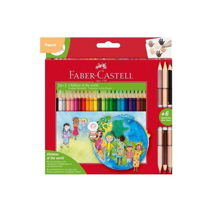 Faber Castell Estuche 24+3 Lápices De Colores Grip Niños Del Mundo + 6 Tonos Piel Bicolor