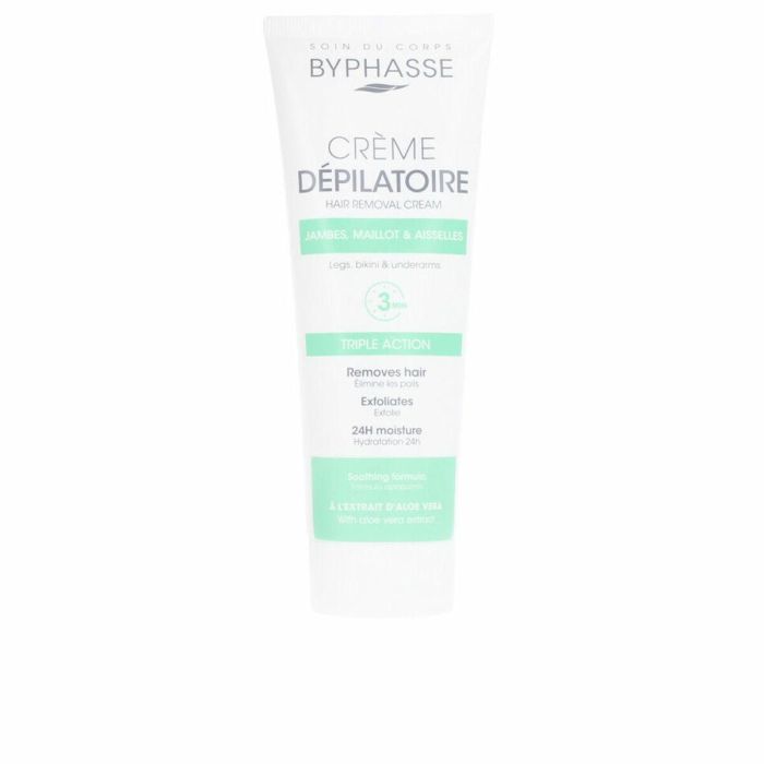 Byphasse Crema Depilatoria con extracto de Aloe Vera para Piernas, Axilas y Bikini, Todo Tipo de Pieles 125 ml con Espátula