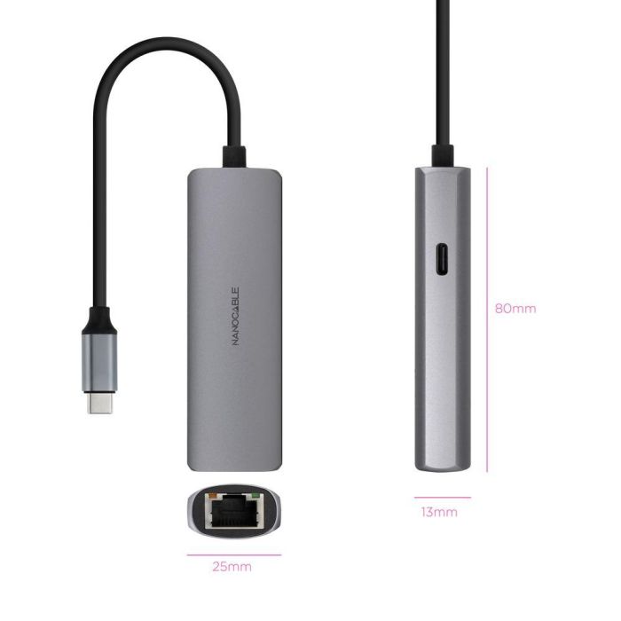 Nanocable Adaptador USB-C 3.1 a RJ45 Gigabit Ethernet con Power Delivery 100W, Aluminio Gris, 18 cm 1