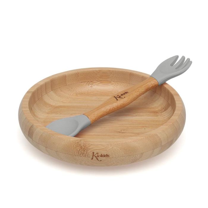Set Vajilla Silicona Y Bambú Gris Con Cuchara-Tenedor 2 Set Vajilla Silicona Y Bambú Gris Con Cuchara-Tenedor 2