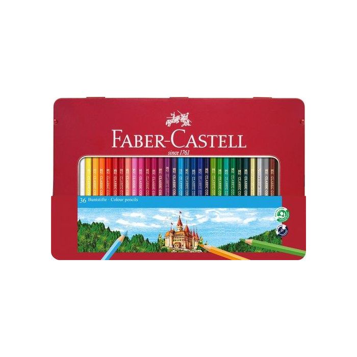 Faber-Castell Ecolápices de colores, alta calidad, 36 colores surtidos, forma hexagonal, mina protegida SV, estuche de metal