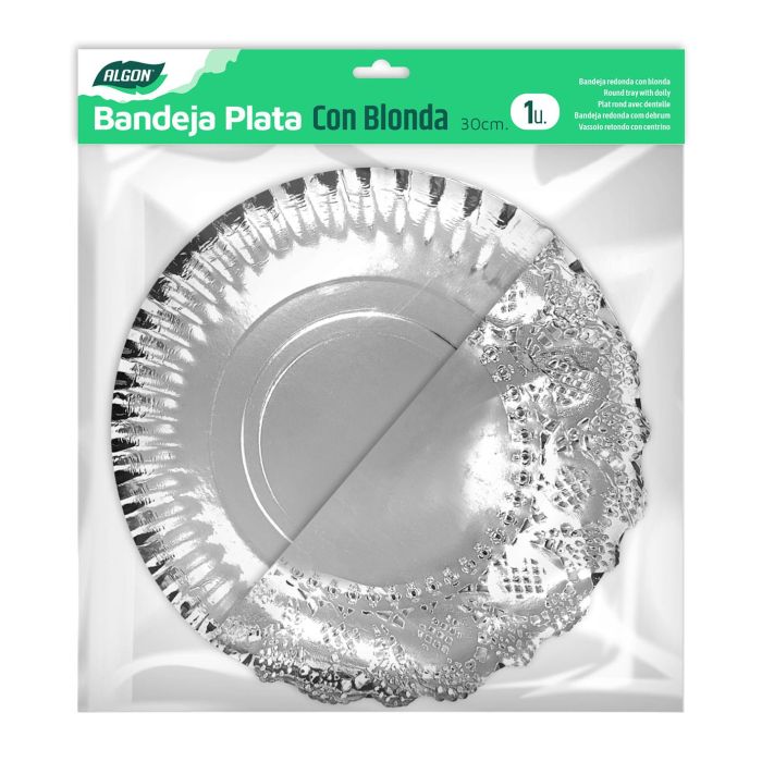 Bandeja redonda de plata con blonda Algon 30 cm (48 Unidades) 2 Bandeja redonda de plata con blonda Algon 30 cm (48 Unidades) 2