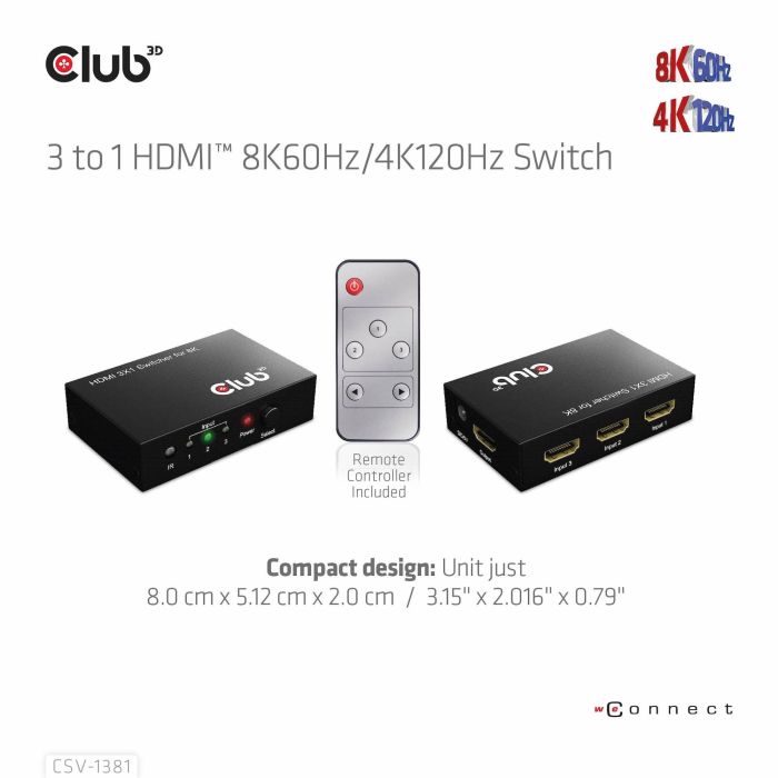 Club3D Switchbox HDMI 3 Entradas a 1 Salida 8K60Hz UHD 6 Club3D Switchbox HDMI 3 Entradas a 1 Salida 8K60Hz UHD 6