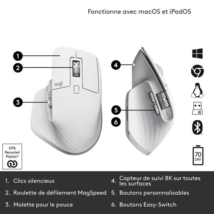 Logitech Ratón Inalámbrico MX Master 3S Gris Pálido, Precisión 8000 PPP, Bluetooth/USB, Ergonómico, Silencioso, 70 Días Batería 15