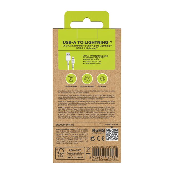 muvit for change cable USB a Lightning MFI 2,4A/12W 0,2m blanco 3 muvit for change cable USB a Lightning MFI 2,4A/12W 0,2m blanco 3