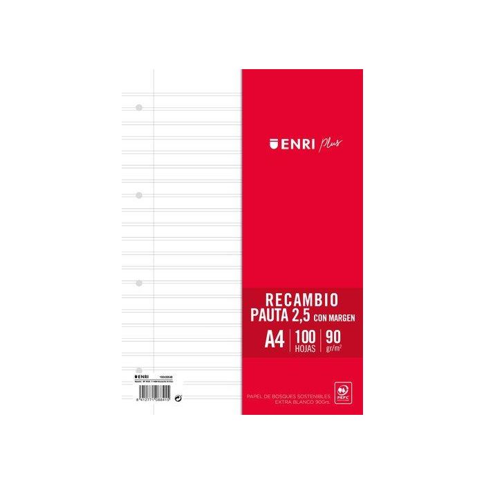 Enri Recambio Plus 100H A4 90 gr Pauta 2,5 C-Margen 4 Taladros Blanco Recambio Papel Blanco