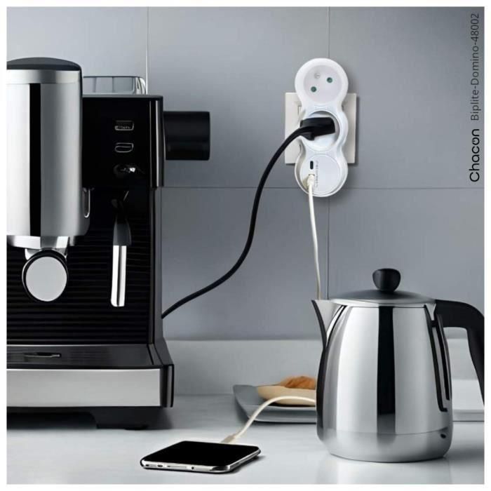 Chacon 47002 Lote 2 Dominó 2x16A con USB-A + USB-C Blanco Estándar Francés 2