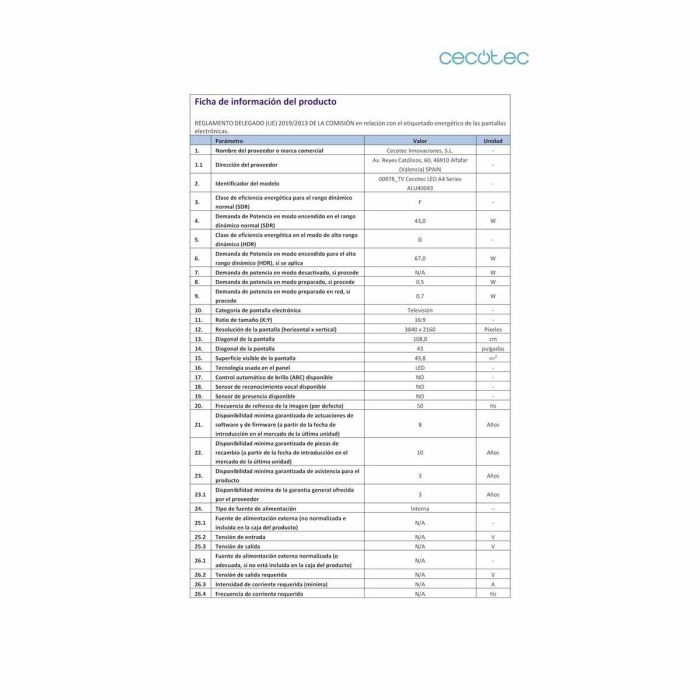 Cecotec ALU40043 109,2 cm (43") 4K Ultra HD Smart TV Negro 26 Cecotec ALU40043 109,2 cm (43") 4K Ultra HD Smart TV Negro 26