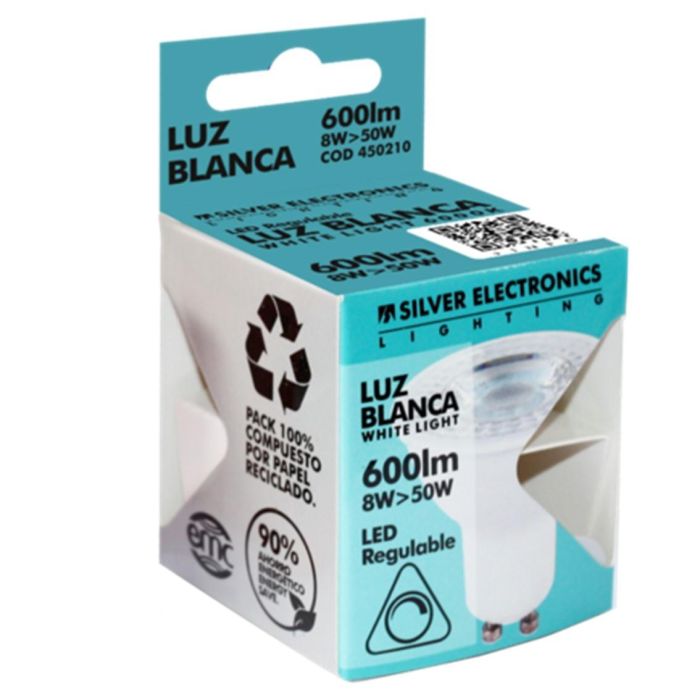 Silver Electronics Bombilla LED Dicroica Regulable GU10 8W (Eq. 50W) 5000K (Luz Día) 600lm 38º Eficiencia A+ 1 Silver Electronics Bombilla LED Dicroica Regulable GU10 8W (Eq. 50W) 5000K (Luz Día) 600lm 38º Eficiencia A+ 1