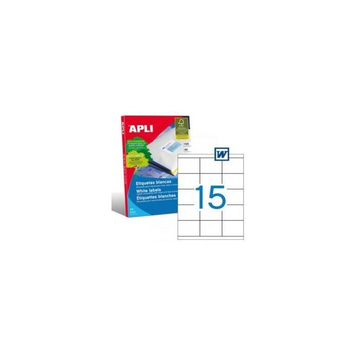 Apli Etiquetas Adhesivas 70x50,8 mm Blanco, 100 Hojas (1.500 Etiquetas) para Inkjet y Láser