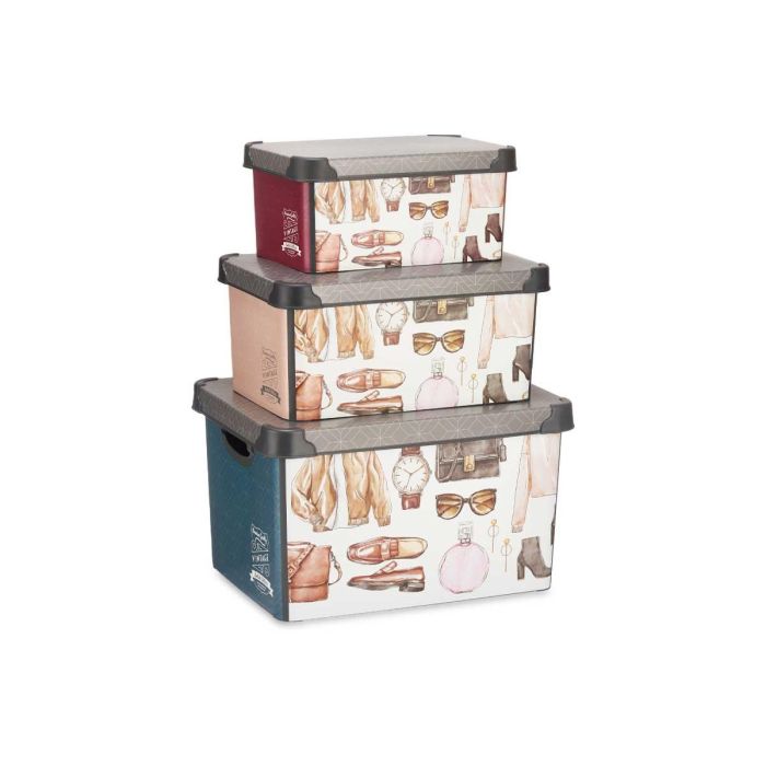 Kipit Set 3 Cajas Plástico Vintage Estampado 39.5x29x23.5 cm, 35x23.5x16 cm, 28.5x19x13.5 cm 1