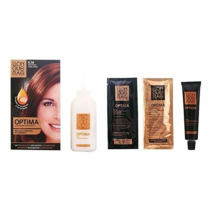 Llongueras #6.34 OPTIMA Tinte de Pelo Coloración Permanente Rubio Oscuro Dorado Sin Amoníaco Cobertura Canas Aceites 1 ud.