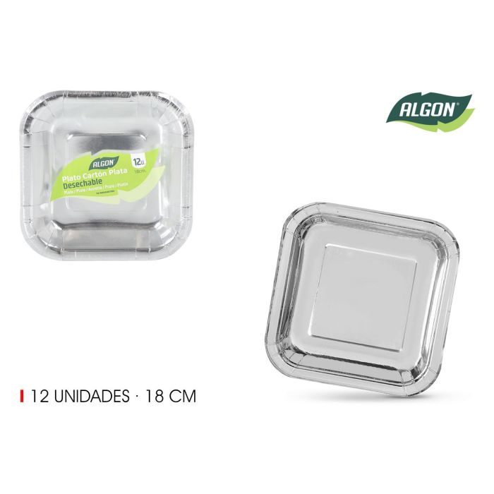 Set de 12 platos de cartón plata cuadrados 18 cm Algon (18 Unidades) Set de 12 platos de cartón plata cuadrados 18 cm Algon (18 Unidades)