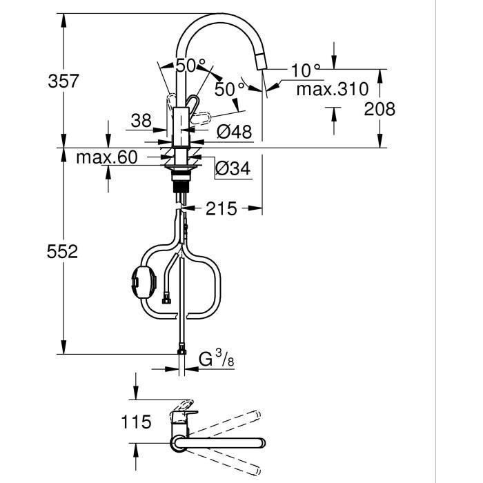 Grifo de cocina - Cromo - Caño alto en forma de C - Aireador extraíble - Rotación 360° - Limitador de caudal - GROHE Start Flow - 30569000 1