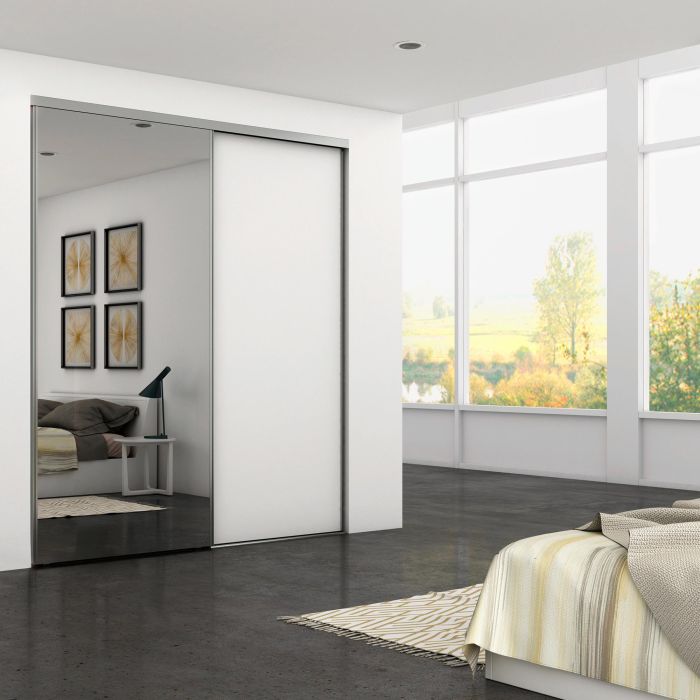 Emuca Kit de herrajes para armario de 2 puertas correderas y cierre suave Placard 74, modelo tirador Sharp, espesor 19mm, tableros no incluidos, Anodizado mate 1