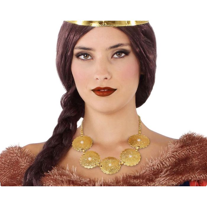 Collar Medieval Monedas Dorado - Disfraces de Reina, Nobleza - Discos con Flores y Perlas