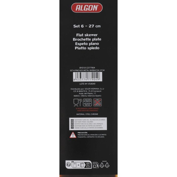 Set de 6 pinchos para barbacoa de metal Algon BBQ, 27 cm (24 Cajas) 9 Set de 6 pinchos para barbacoa de metal Algon BBQ, 27 cm (24 Cajas) 9