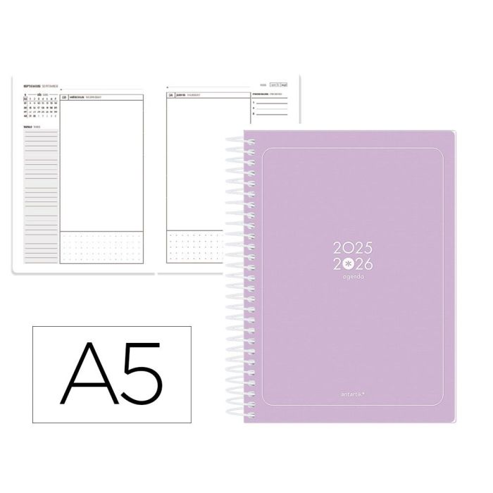 Agenda Escolar Antartik 25-26 Espiral Essentials Morado Dia Pagina A5 Bilingüe Papel Fsc 80 gr Agenda Escolar Antartik 25-26 Espiral Essentials Morado Dia Pagina A5 Bilingüe Papel Fsc 80 gr