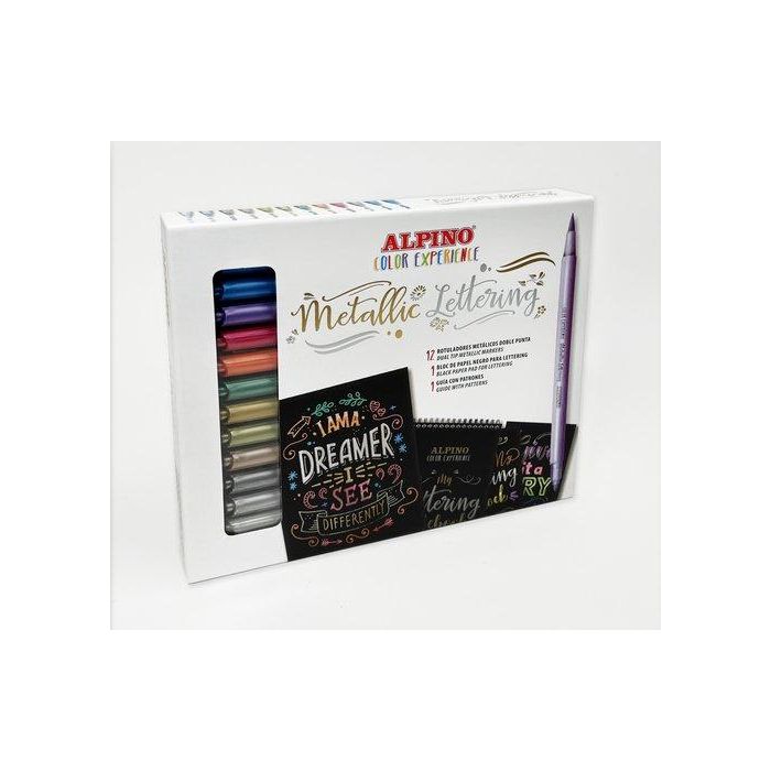 Alpino AR010701 Set Metallic Lettering con 12 Rotuladores Metálicos Doble Punta, Papel Negro y Guía Alpino AR010701 Set Metallic Lettering con 12 Rotuladores Metálicos Doble Punta, Papel Negro y Guía