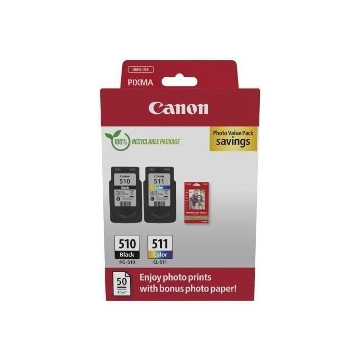 Canon Tinta Ecopack Bk+ C-M-Y + 50H Papel Fotográfico 10x15 For Pixma Ip 2700 - Mp 230-252-272-280-282-492-495-499 - Mx 360-410-420 - Pg 510+Cl 511