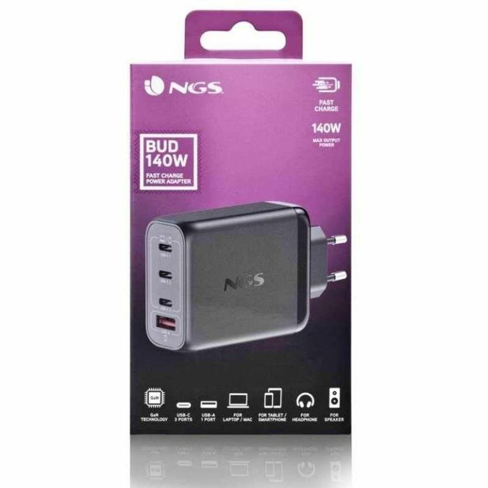 NGS BUD140W Cargador de Pared Ultrarrápido 140W GaN con 4 Puertos (3x USB-C PD3.1, 1x USB-A QC3.0) para Portátiles, Smartphones, Tablets 15