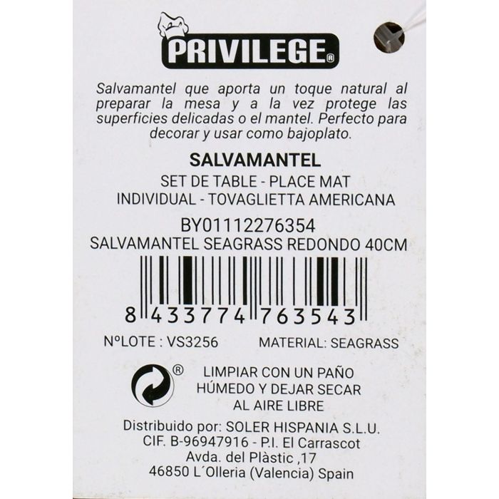 Salvamantel redondo Seagrass 40 cm Privilege (36 Unidades) 6 Salvamantel redondo Seagrass 40 cm Privilege (36 Unidades) 6