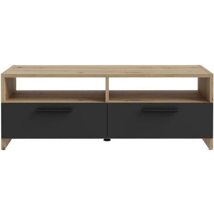 Mueble TV PILVI - Estilo contemporáneo - Decoración Roble y Negro - 2 solapas + 2 nichos - L 95 x P 36 x H 34,5 cm Mueble TV PILVI - Estilo contemporáneo - Decoración Roble y Negro - 2 solapas + 2 nichos - L 95 x P 36 x H 34,5 cm