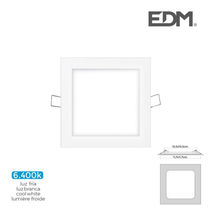 Mini downlight led empotrable cuadrado 6w 6400k luz fria. color blanco 11,7x1x11,7cm edm 1