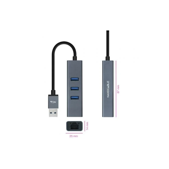 Nano Cable 10.03.0407 Hub USB 3.0 a Ethernet Gigabit con 3 Puertos USB 3.0, Color Gris, Longitud 15 cm 1