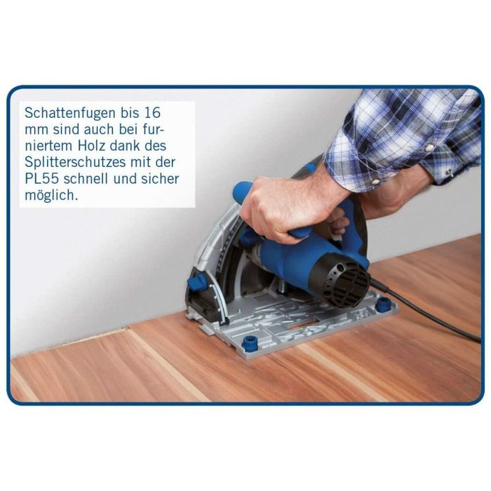 Scheppach PL55 Sierra de Inmersión 1200W, altura de corte 55mm, disco Ø160mm 24 dientes, incluye 2 rieles 700mm, conector y antivuelco 5