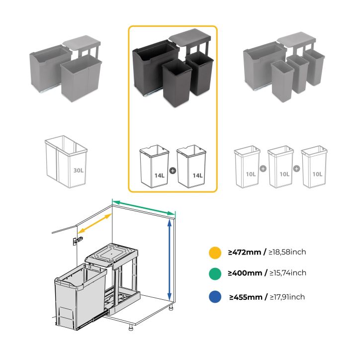 Emuca Contenedores de reciclaje para cocina, 2 x 14L, fijación inferior y extracción automática, Acero y Plástico, Gris antracita 6 Emuca Contenedores de reciclaje para cocina, 2 x 14L, fijación inferior y extracción automática, Acero y Plástico, Gris antracita 6