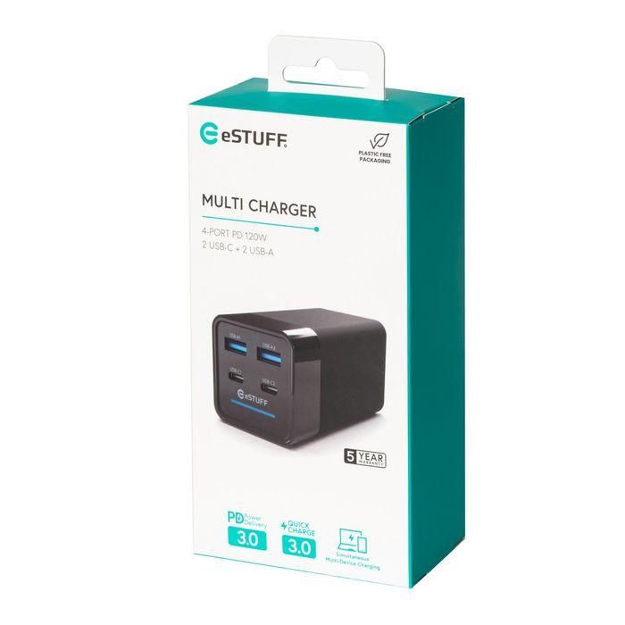 eSTUFF Cargador Multi PD GaN 120W 4 Puertos (2 USB-C, 2 USB-A) para Portátil y Tablet – Carga Rápida Inteligente 8 eSTUFF Cargador Multi PD GaN 120W 4 Puertos (2 USB-C, 2 USB-A) para Portátil y Tablet – Carga Rápida Inteligente 8