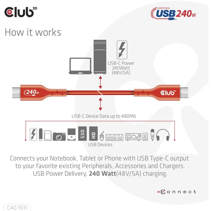 Club3D Kabel USB 2 Typ C PD 240W / 480Mb 1m St/St 10 Club3D Kabel USB 2 Typ C PD 240W / 480Mb 1m St/St 10