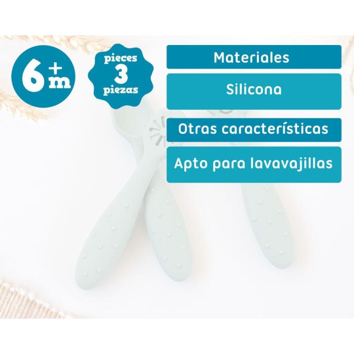 KioKids Little sauvages Set de 3 Cubiertos de Silicona Verde para Bebé, Pre-Cuchara Cuchara Pre-Tenedor, Apto Lavavajillas, +6 Meses
