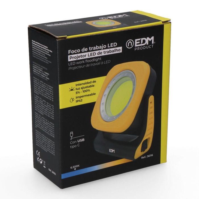 Edm Foco de Trabajo LED Recargable 1000 lm 10 W con Power Bank, Gancho e Imanes, Cabezal Giratorio 180°, Autonomía 2h 4