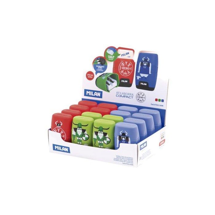 Milan Afilaborra Compact Vikings - Sacapuntas y Goma de Borrar, Caja Expositora 16 Unidades, 3 Colores Surtidos