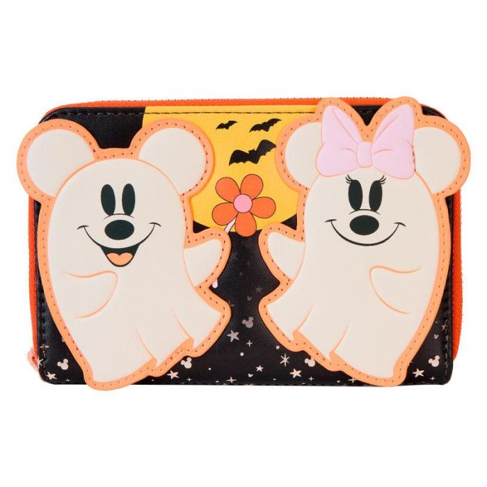 Loungefly Cartera Floral Ghost Mickey & Minnie Disney de Piel Vegana con Cremallera y Detalles Que Brillan en la Oscuridad
