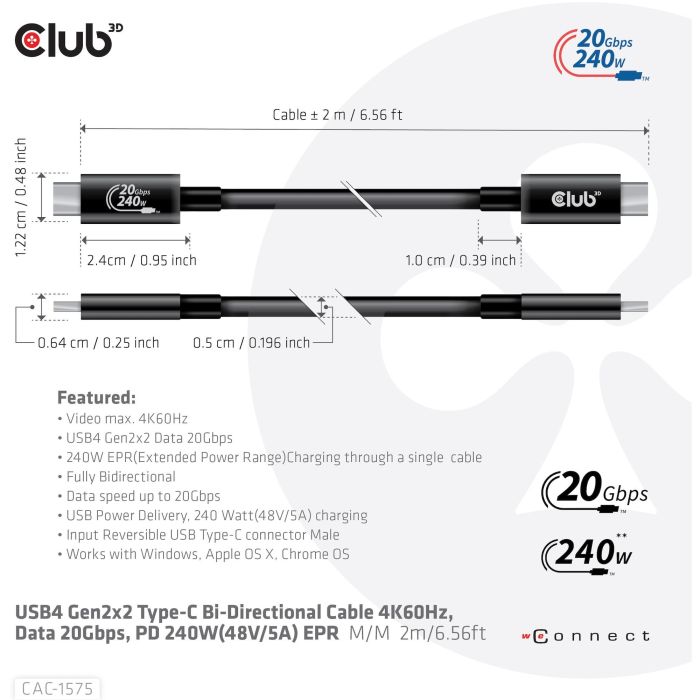 Club 3D CAC-1575 Cable USB 4 Tipo C a USB C, 240W PD, 20Gbps, 4K, 2m Macho a Macho Negro 7