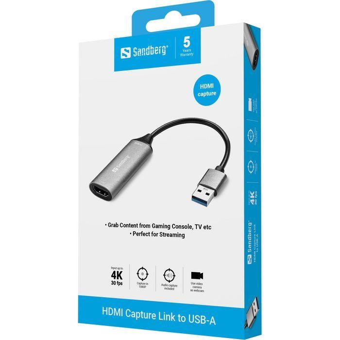 Sandberg HDMI Capture Link to USB-A Capturadora de Video hasta 4K para Streaming y Webcam con Puerto HDMI a USB 2