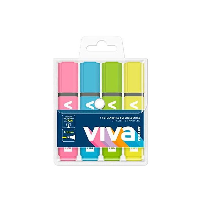 Molin Marcador Fluorescente Viva C-Surtidos, Tinta Universal Extra Luminosa, Blíster 4 Unidades Molin Marcador Fluorescente Viva C-Surtidos, Tinta Universal Extra Luminosa, Blíster 4 Unidades