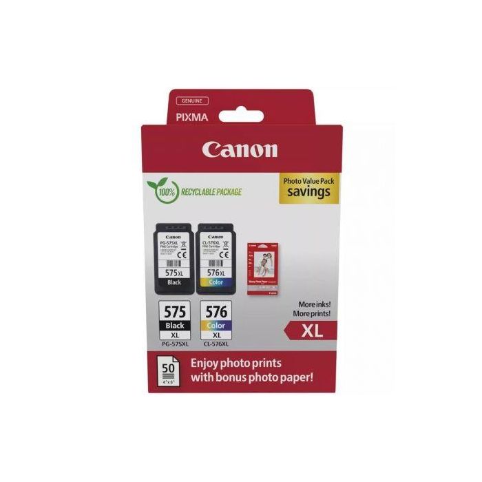 Canon 5437C006 Cartuchos Tinta PG-575XL Negro + CL-576XL Tricolor Multipack Alta Capacidad + 50 Hojas Papel Fotográfico Satinado 10x15cm