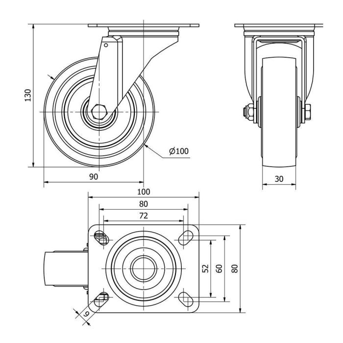 Ruedas Alex Rueda giratoria de goma azul con placa y eje de rodillos, ø 10 cm, carga máx. 100 kg