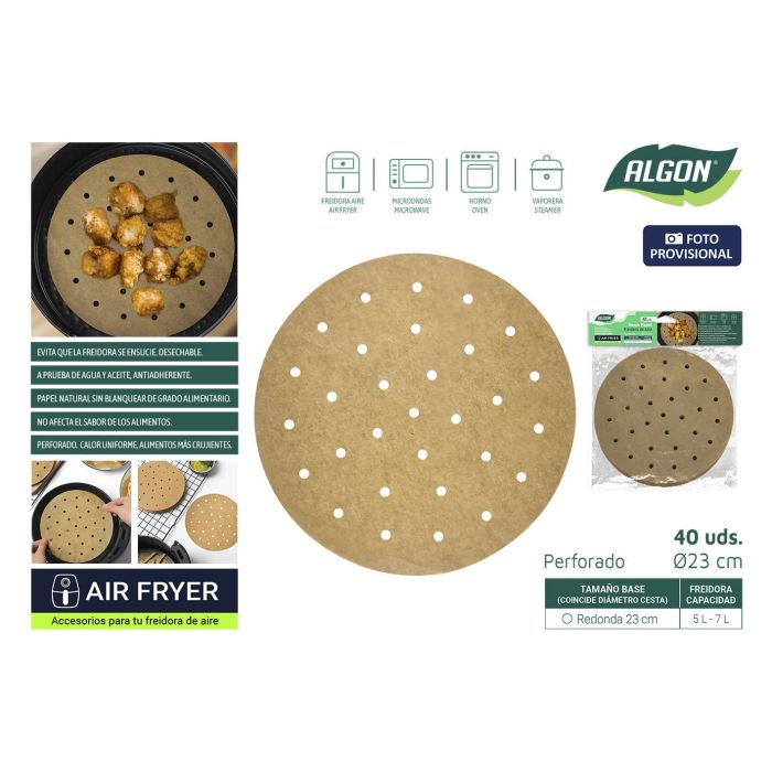 Algon Set de 40 Papeles Redondos Perforados para Airfryer de 23 cm (24 Unidades)